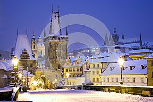 Wintertime Charles bridge, gothic Lesser Town bridge tower, Less