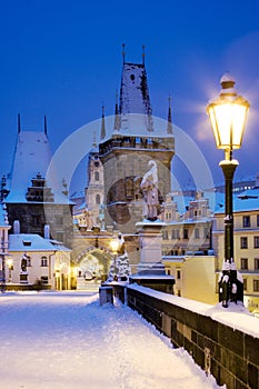 Wintertime Charles bridge, gothic Lesser Town bridge tower, Less