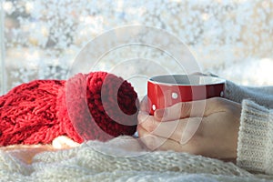 Wintertime concept. Hands holding mug of ot drink in front of frosty window.