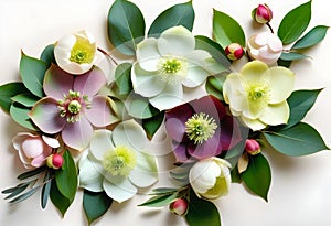 Wintertime eucalyptus and white Helleborus flower. Panoramic banner image