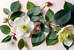 Wintertime eucalyptus and white Helleborus flower. Panoramic banner image