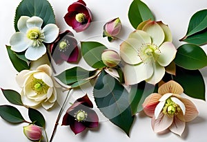 Wintertime eucalyptus and white Helleborus flower. Panoramic banner image