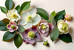 Wintertime eucalyptus and white Helleborus flower. Panoramic banner image