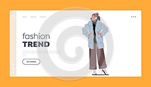 Wintertime Fashion Trend Landing Page Template. Girl Posing in Trendy Winter Apparel. Young Woman Wear Modern Jacket