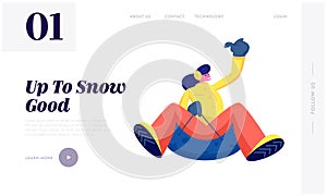 Wintertime Outdoors Activity and Spare Time Website Landing Page. Young Woman Having Fun Sledding Hill on Tubing