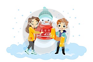 Wintertime Scene Vector Illustration In Cartoon Flat Style With Characters. Male And Female Children Hugging Smiling