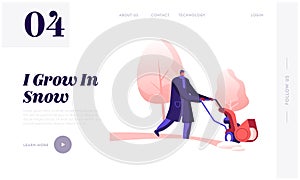 Wintertime Season Website Landing Page. Janitor Male Character in Warm Coat Driving Snowblower Cleaning Ground