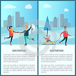 Wintertime Skaters and Family Vector Illustration