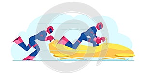 Wintertime Sledding Sport. Men Bobsleigh Team Pushing Bob and Sliding Downhills during Winter Olympics Games