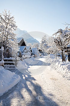 wintertime in small german village covered with snow Garmish-Partenkirchen