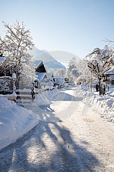 wintertime in small german village covered with snow Garmish-Partenkirchen