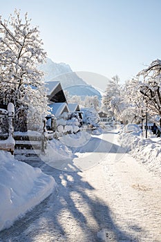 wintertime in small german village covered with snow Garmish-Partenkirchen