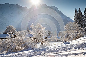 wintertime in small german village covered with snow Garmish-Partenkirchen