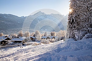 wintertime in small german village covered with snow Garmish-Partenkirchen