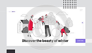 Wintertime Vacation Holiday Season Sparetime Website Landing Page. Happy Family with Children Making Snowman