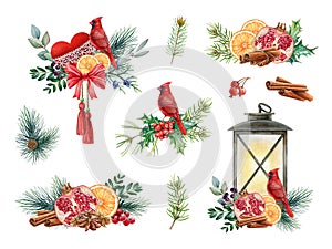 Wintertime vintage style decor set. Watercolor illustration. Orange slices, pine, cinnamon, retro candle lantern