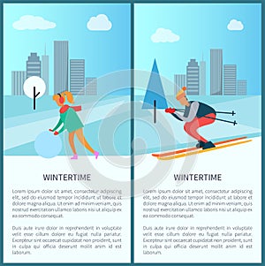 Wintertime Woman and Snowball Vector Illustration