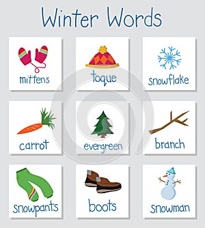 Seasonal Winter Vocabulary words in cue cards photo