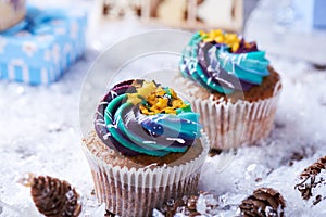 Wintery cupcakes on a snow background