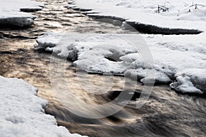 Wintery river view with evening light, water movement and snow