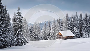 A wintery scene in the heart of the woods with a solitary wooden cottage and snow-draped pine trees photo