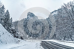 Wintery snowcovered mountain road with white snowy spruces and rocks. Wonderful wintry landscape. Travel background.