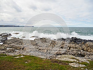 Wintery weather and stormy seas in autumn 2022. Aberdeenshire, Scotland, UK