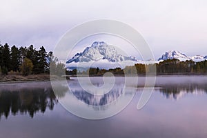 wintry autumn weather on snow capped Mt. Moran in Grand teton national Park in Wyoming