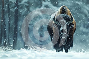 Wintry Bison animal snow forest. Generate Ai