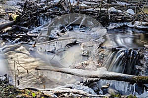 Wintry Cascading Stream of Icy water flowing in Peaceful Forest