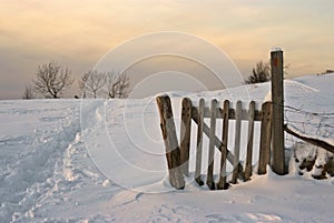 Wintry countryside scene at dusk