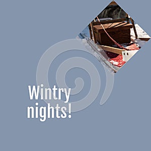 Wintry nights text in white with christmas sleigh on grey background