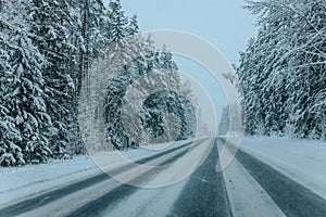 Wintry Path Through a Chilly Forest with Snow Covered Trees. Winter road through snowy forest