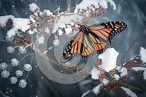 wintry scene with the flutter of a monarch butterfly