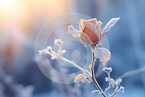 Wintry scenery with frozen flower in focus. Winter landscape