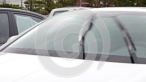 Wipers and cleaning fluid close-up on the car windshield.