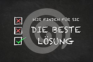 `Wir finden fÃ¼r Sie die beste LÃ¶sung` text with icons. Translation: `We find for you the best solution`