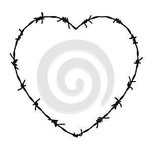 Wire barb heart shape vector border. Jail fence heart frame love prison barbwire