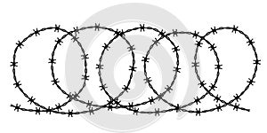 Wire with barbs of spiral shape, isolated circles of prison fence and barbed barrier