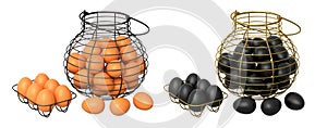 Wire baskets filled with eggs, isolated on white transparent background, concept of kitchen storage