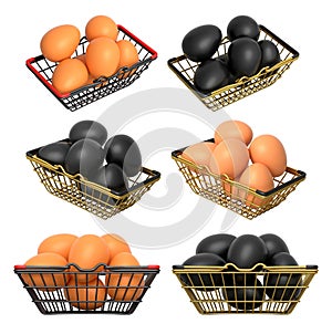Wire baskets filled with eggs, isolated on white transparent background, concept of kitchen storage