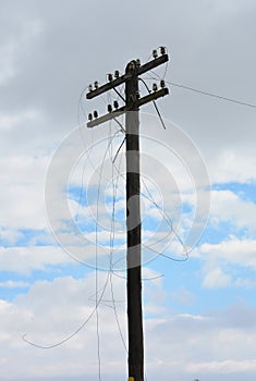 Wire breakage after hurricane. Broken power line.