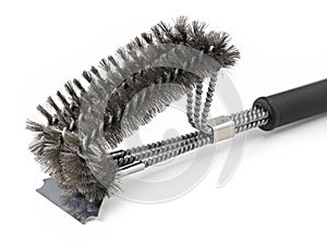 wire brush, grill cleaning brush with stainless steel bristles isolated on white background