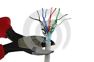 Wire-cutters pliers cutting end of data STP LAN cable, white background.