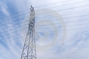 Wire Electric Telecom post and cable wth blue sky background