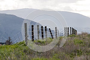Wire Fence on Green Hill With Mountains in Distance