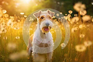 Wire fox terrier dog sitting in meadow field surrounded by vibrant wildflowers and grass on sunny day ai generated