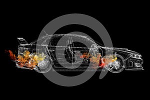 Wire frame car in the colored smoke