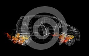 Wire frame car in the colored smoke