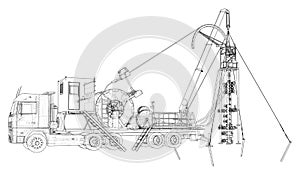 Wire-frame line coiled tubing truck isolated on white. Vector rendering of 3d